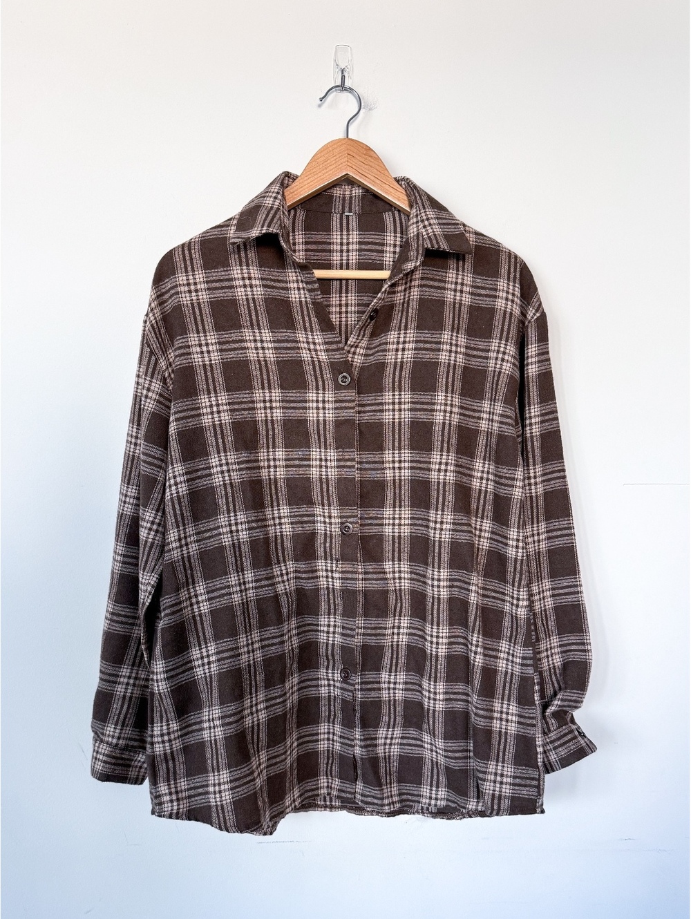 Brown & Cream Plaid Long Sleeve Button Up Flannel Shirt Size M Fall Indie